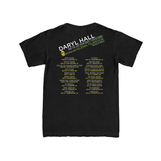 Black t-shirt with yellow text on the back on a white background