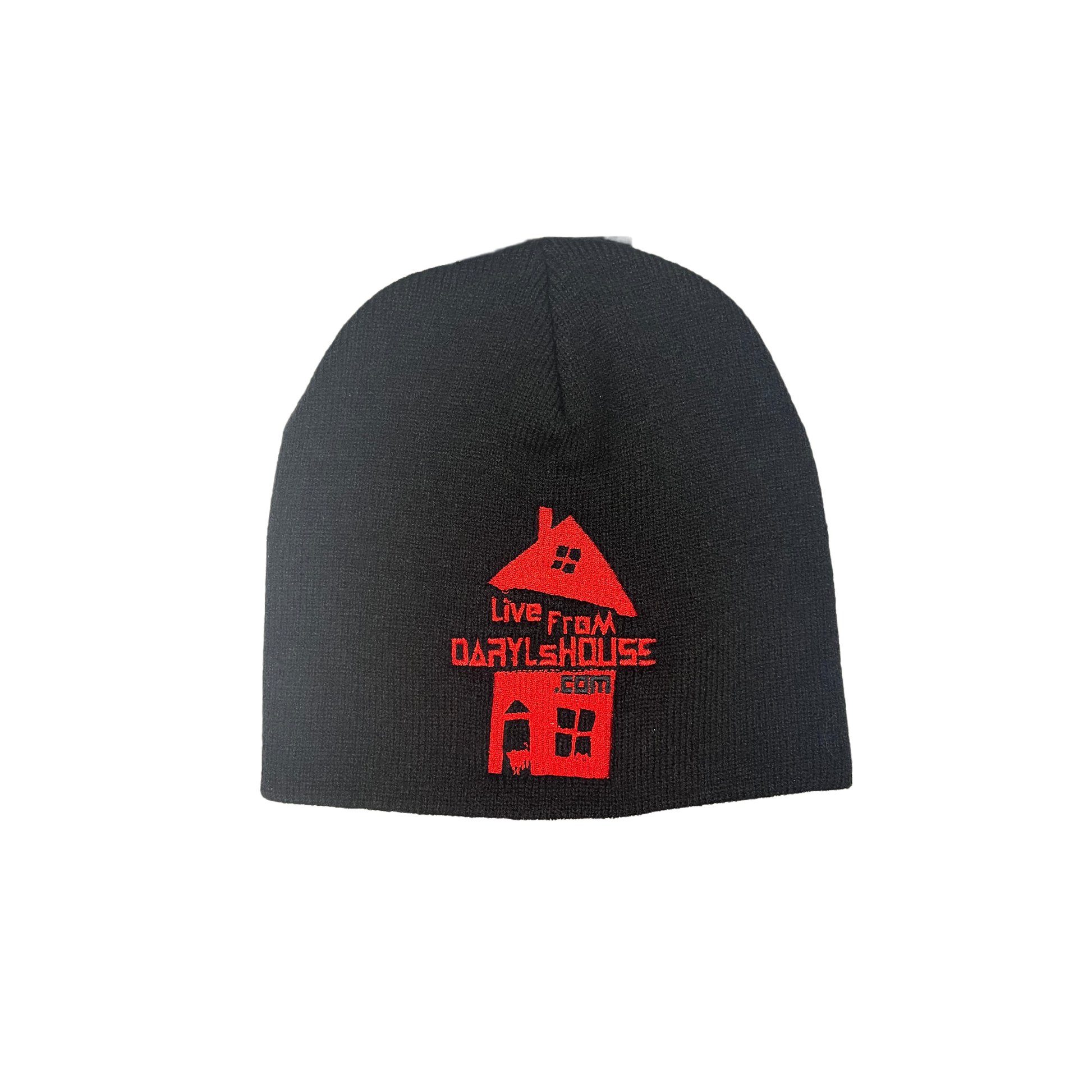 A black beanie with a red embroidered logo featuring the text 'LIVE FROM DARYL HOUSE' on the front.