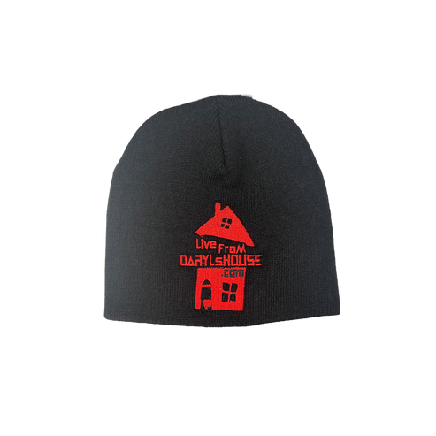 A black beanie with a red embroidered logo featuring the text 'LIVE FROM DARYL HOUSE' on the front.