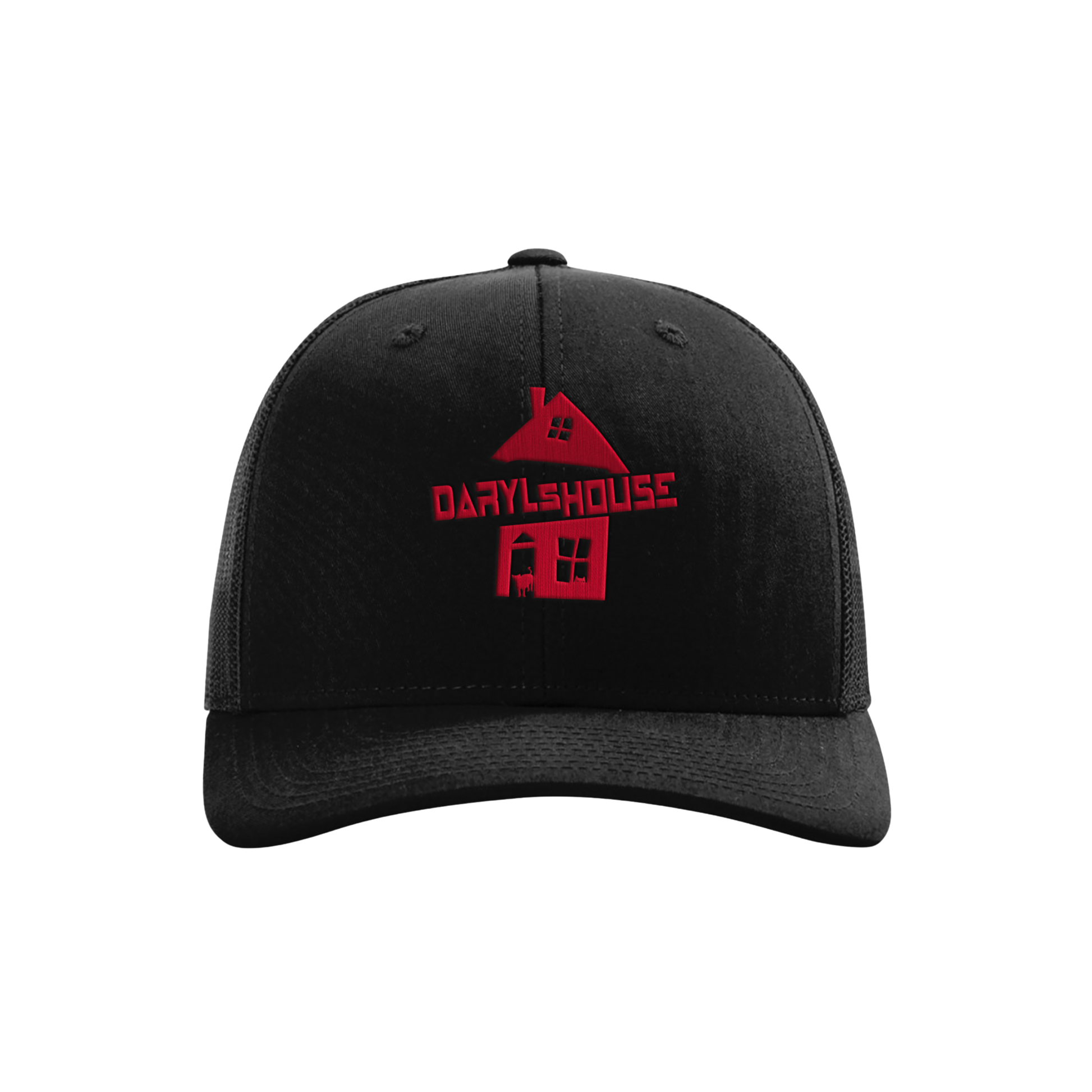 A black snapback hat with 'DARYL'S HOUSE' embroidered in red on the front.
