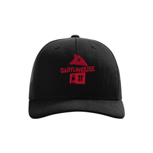 A black snapback hat with 'DARYL'S HOUSE' embroidered in red on the front.