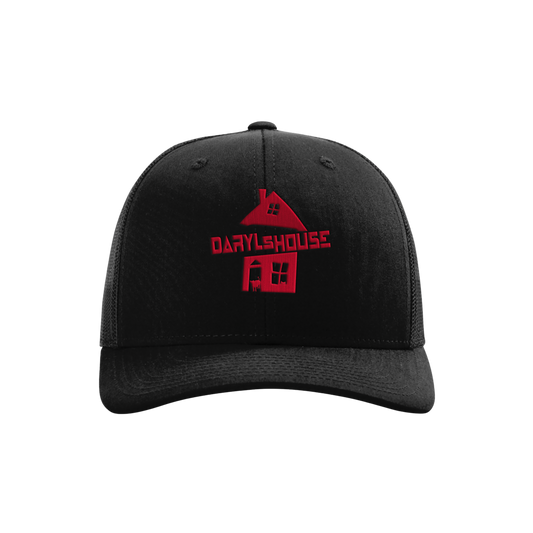 A black snapback hat with 'DARYL'S HOUSE' embroidered in red on the front.