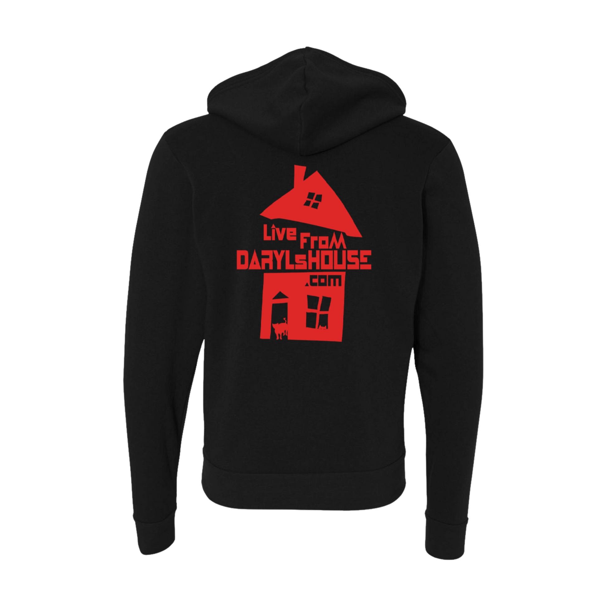 A black hooded zip-up hoodie with the 'LIVE FROM DARYLHOUSE.com' logo in red on the back.