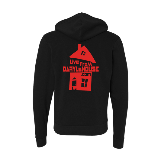 A black hooded zip-up hoodie with the 'LIVE FROM DARYLHOUSE.com' logo in red on the back.