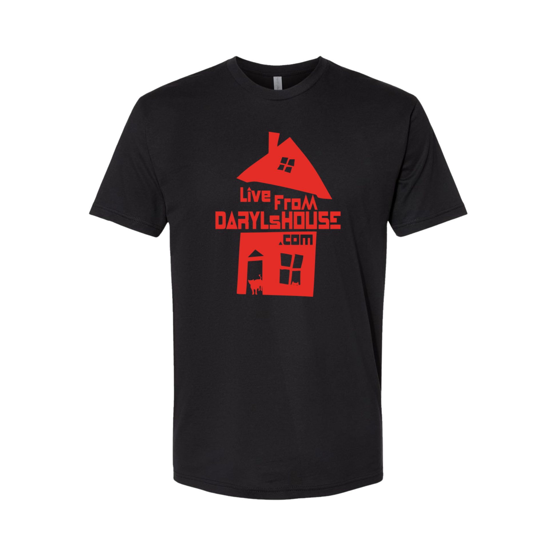 Black t-shirt with red graphic and text 'Live from Daryl's House' 