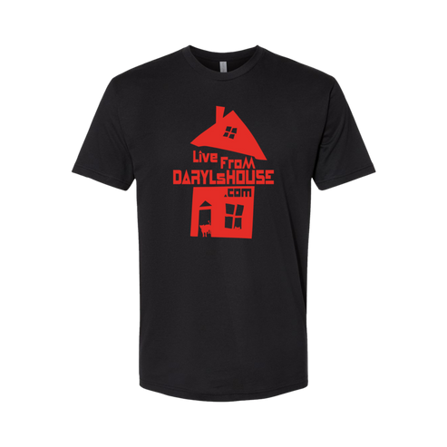 Black t-shirt with red graphic and text 'Live from Daryl's House' 
