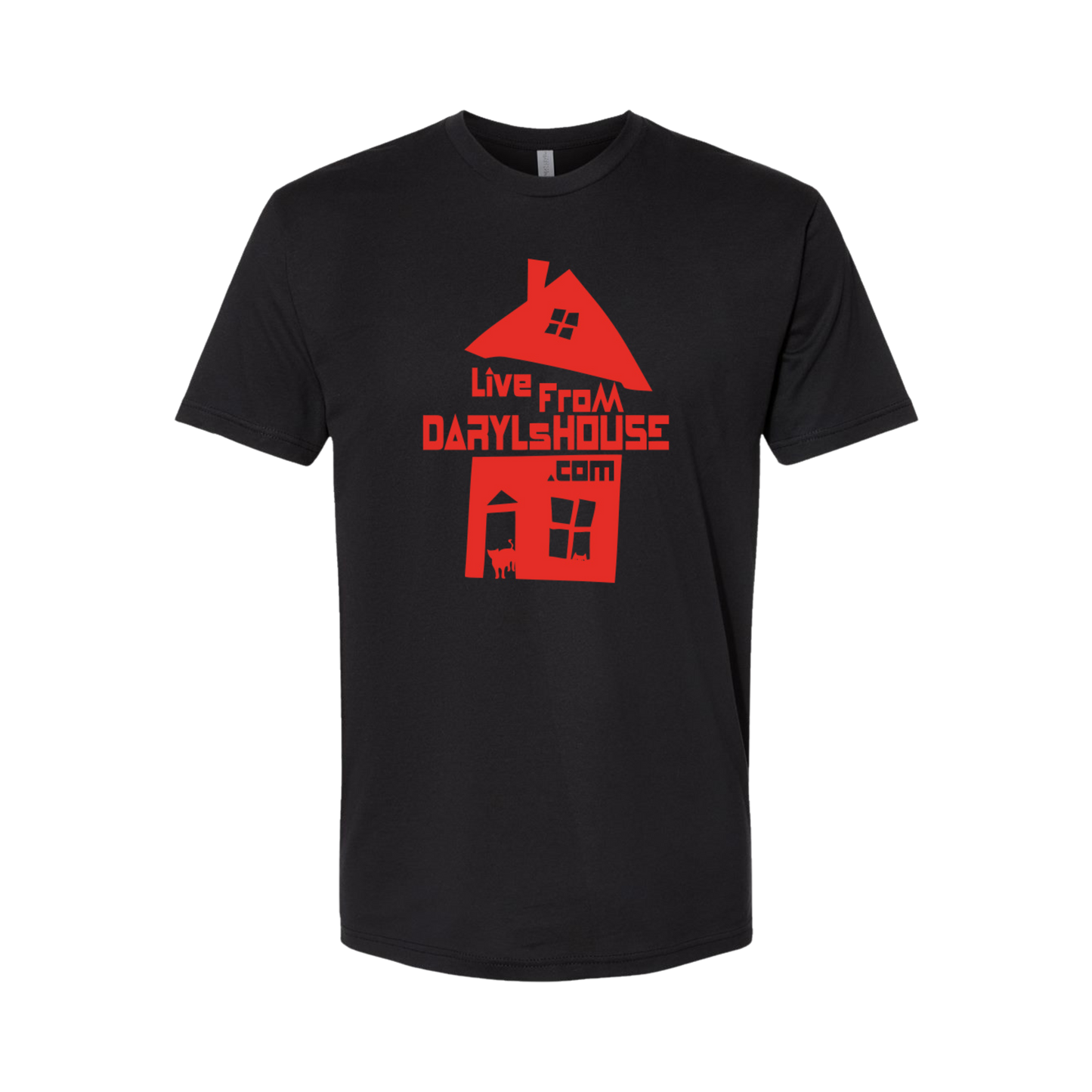Black t-shirt with red graphic and text 'Live from Daryl's House' 
