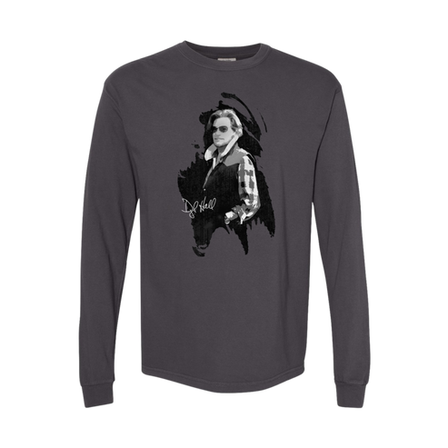A long sleeve gray t-shirt featuring a black and white photo of Daryl Hall with his signature on the front