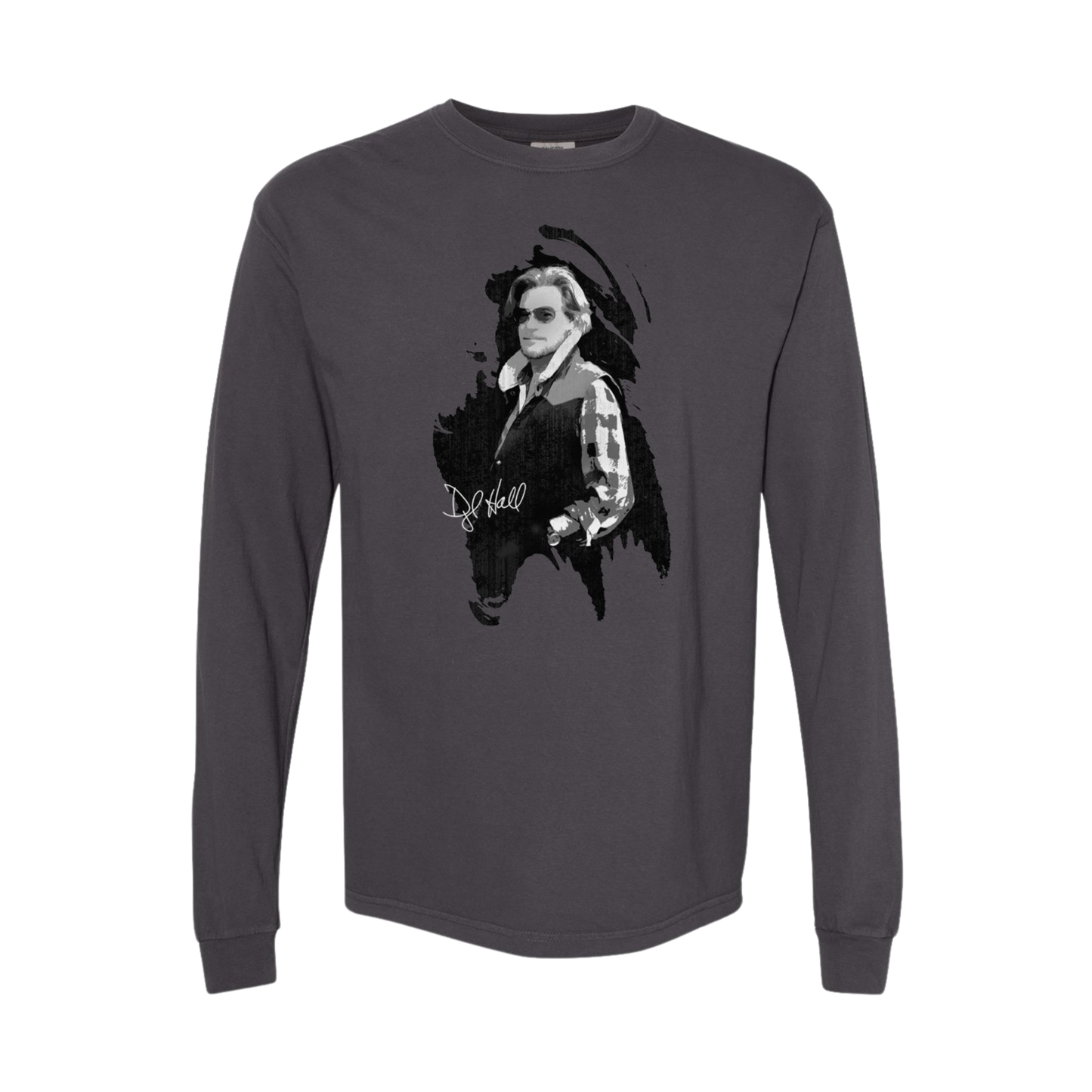 A long sleeve gray t-shirt featuring a black and white photo of Daryl Hall with his signature on the front