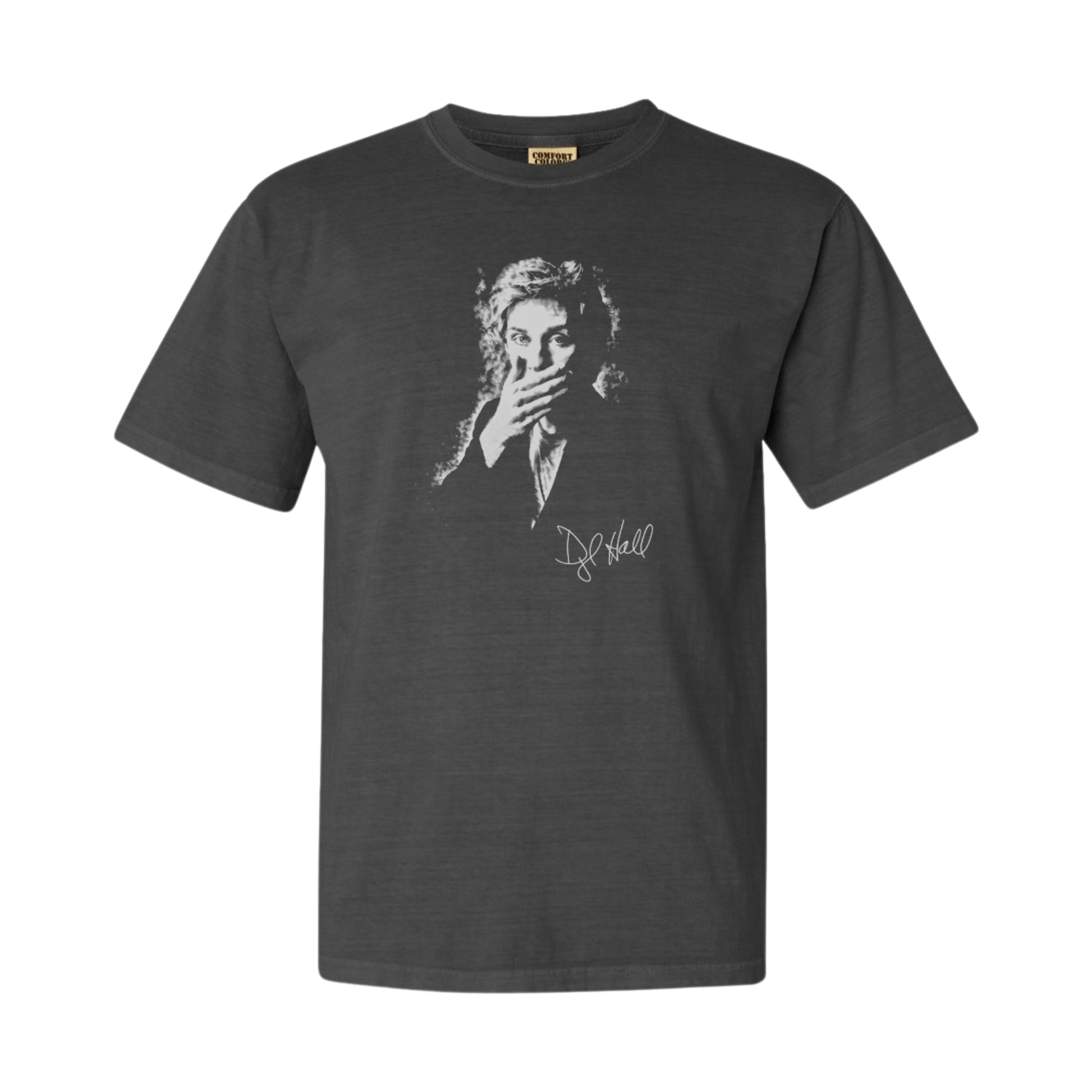 A dark grey t-shirt featuring a front screen print of Daryl Hall with his hand to his mouth, and his signature below the image.