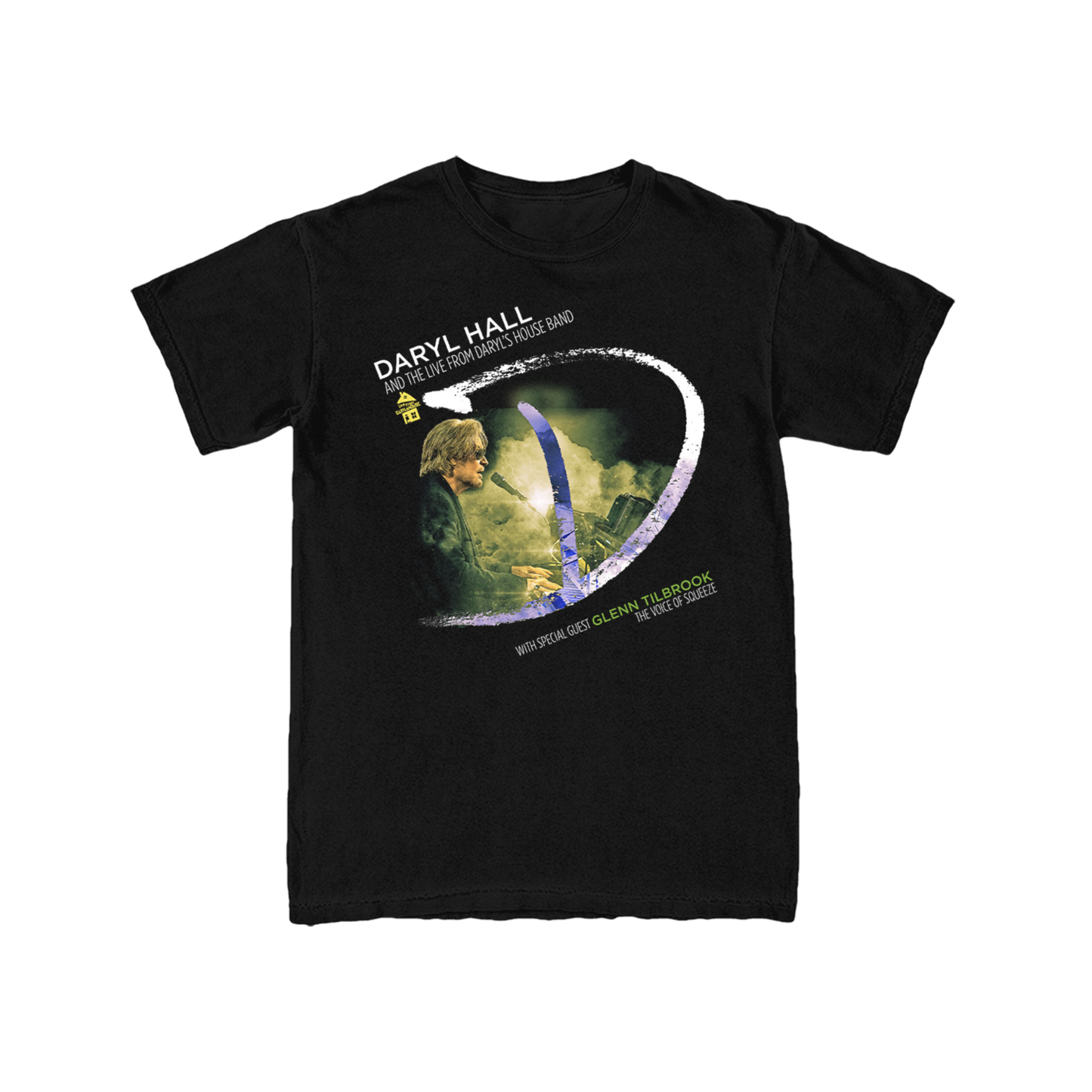 Black t-shirt with graphic design on a white background