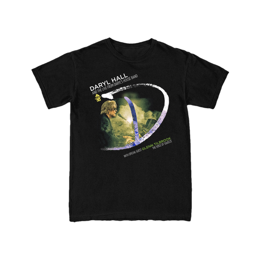 Black t-shirt with graphic design on a white background