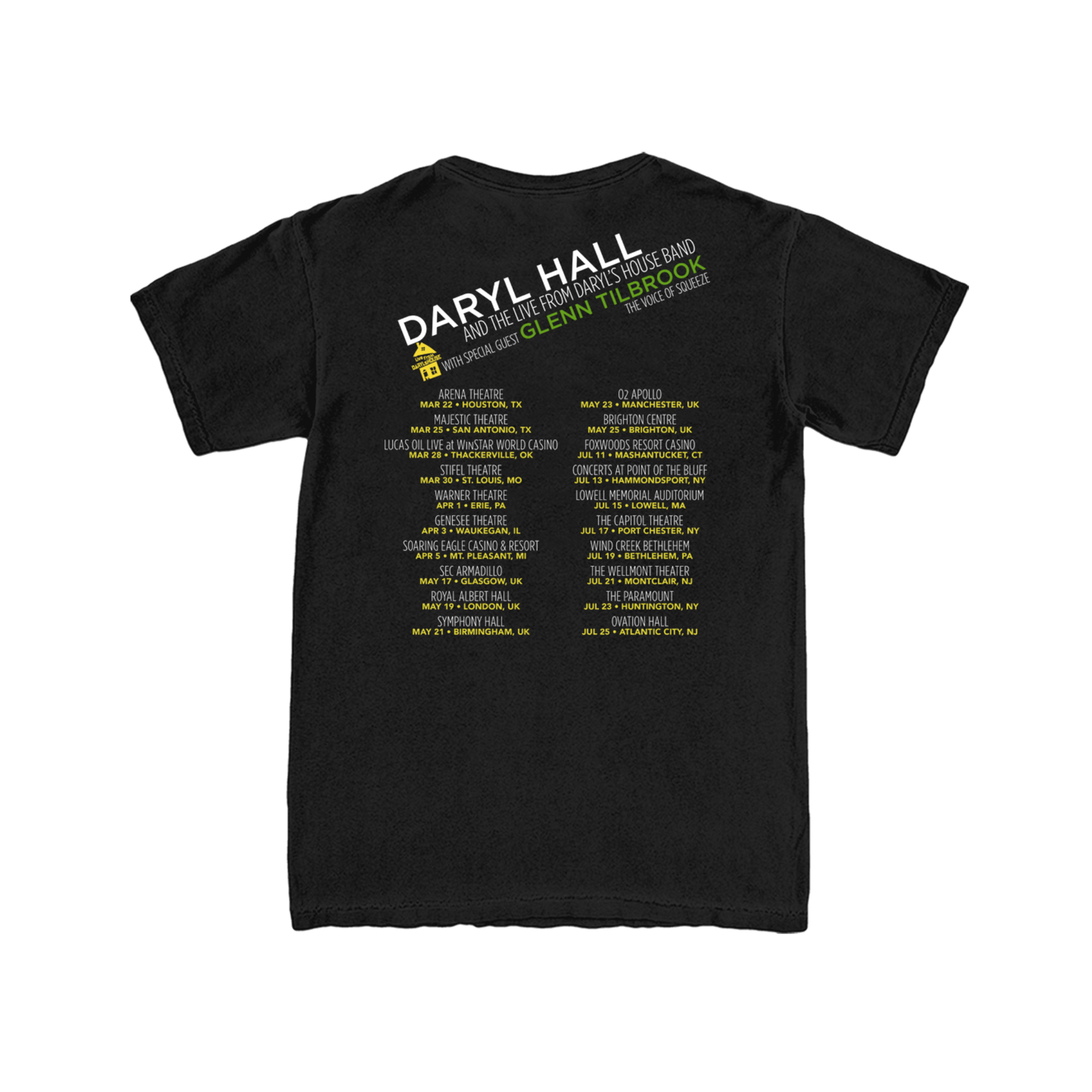 Black t-shirt with yellow text on the back on a white background