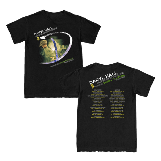 Black crew neck t-shirt with a photo graphic of Daryl Hall on the front and 2025 tour dates on the back.