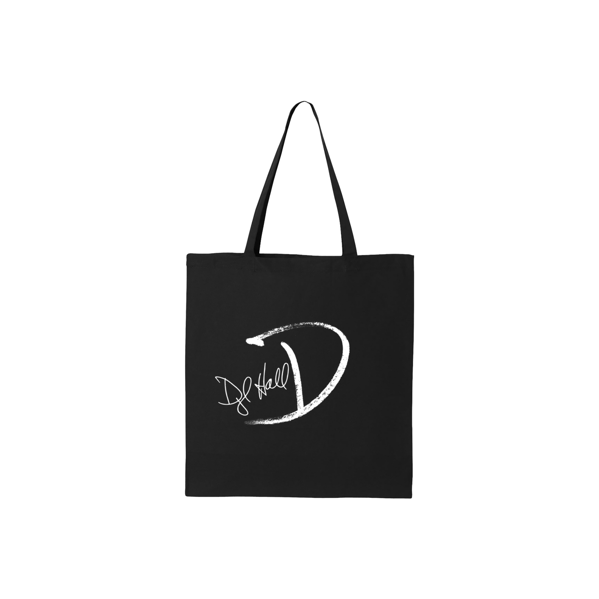 A black cotton tote bag with white text graphic that appears to be a signature.