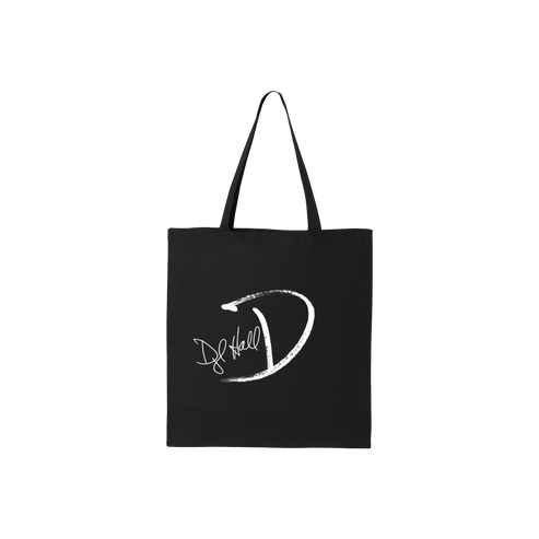 A black cotton tote bag with white text graphic that appears to be a signature.