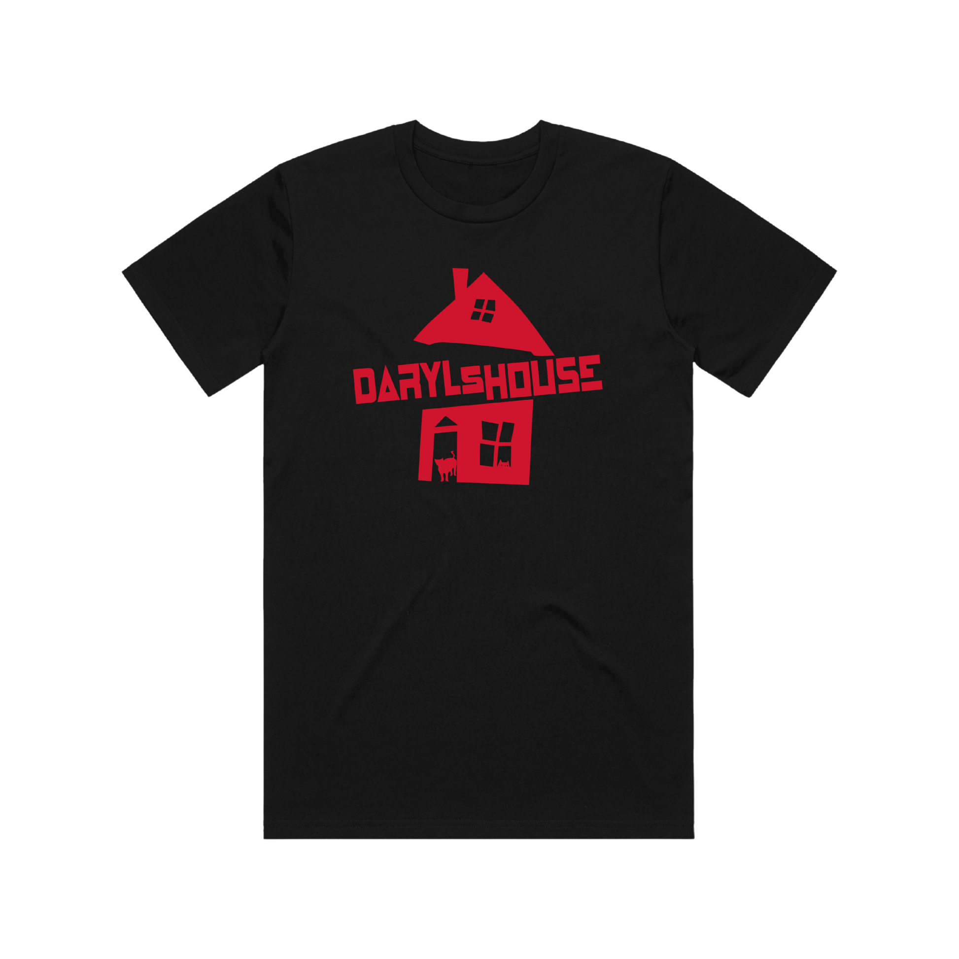 Black t-shirt with red graphic of the Daryl's House logo