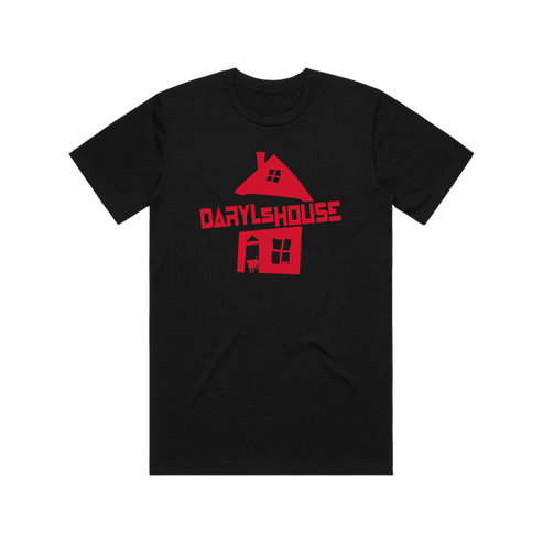 Black t-shirt with red graphic of the Daryl's House logo