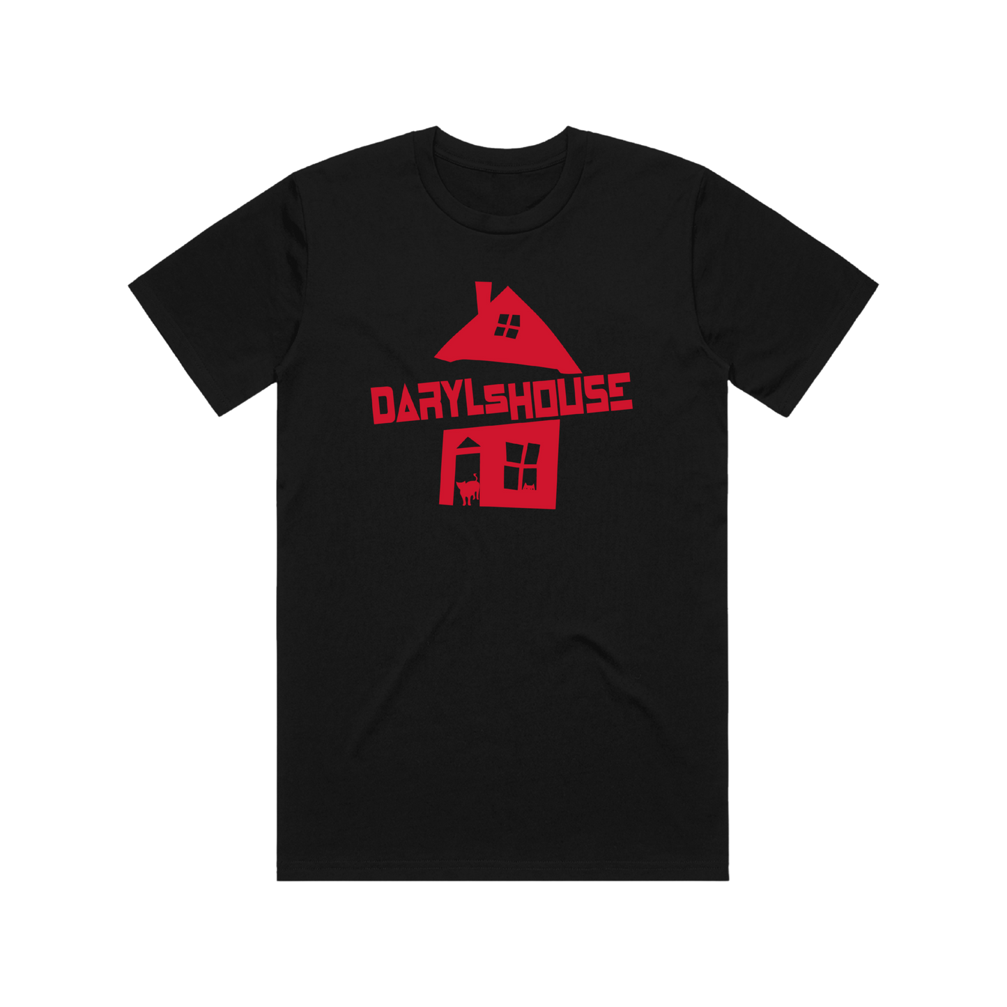 Black t-shirt with red graphic of the Daryl's House logo