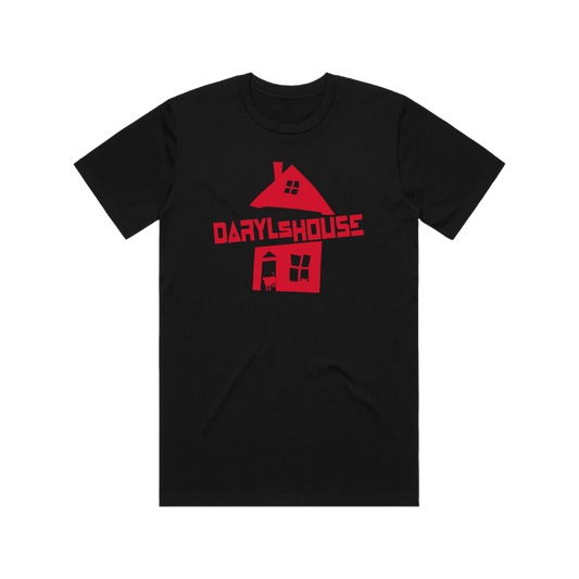 Black t-shirt with red graphic of the Daryl's House logo