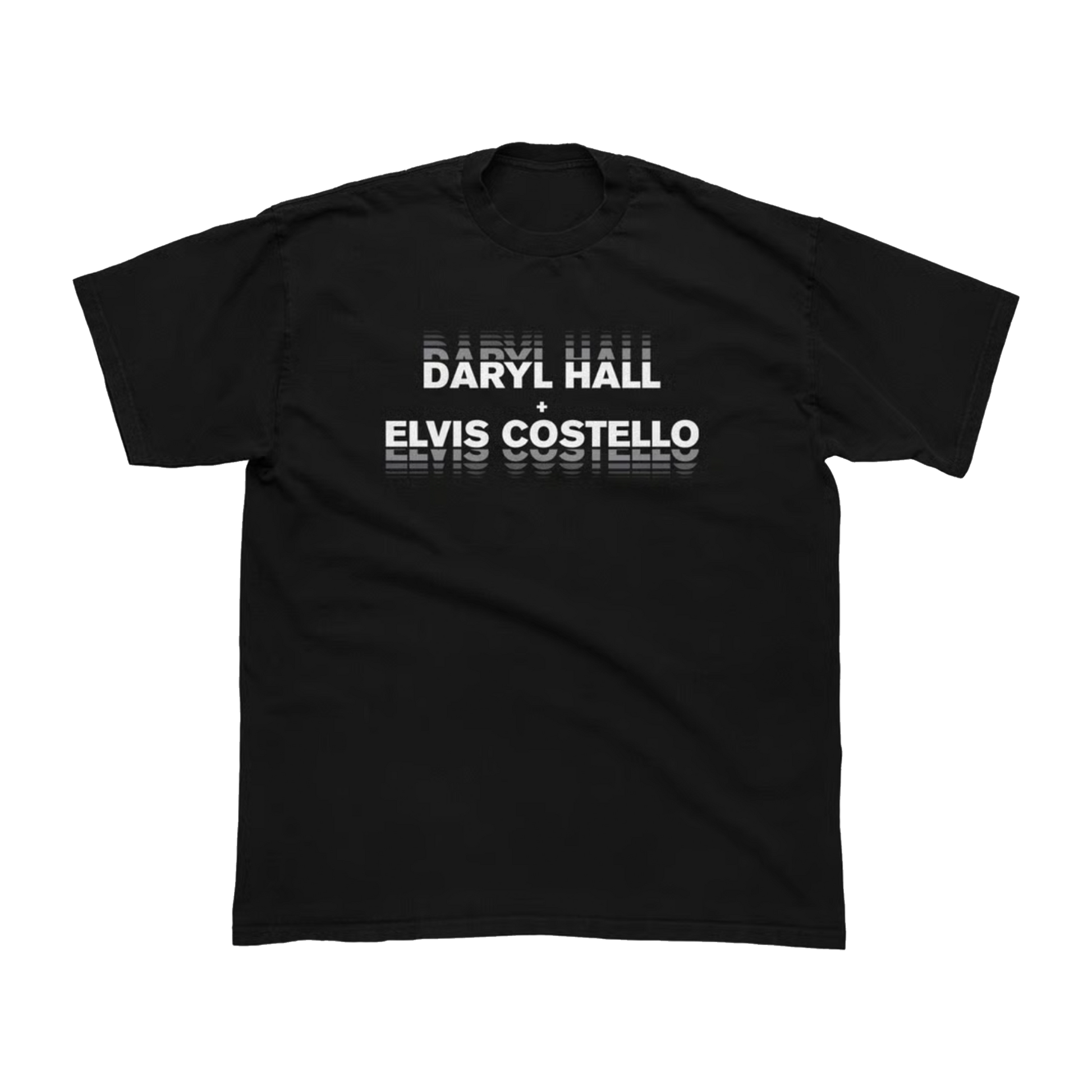 Black t-shirt with 'Daryl Hall & Elvis Costello' text on a white background
