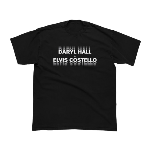 Black t-shirt with 'Daryl Hall & Elvis Costello' text on a white background