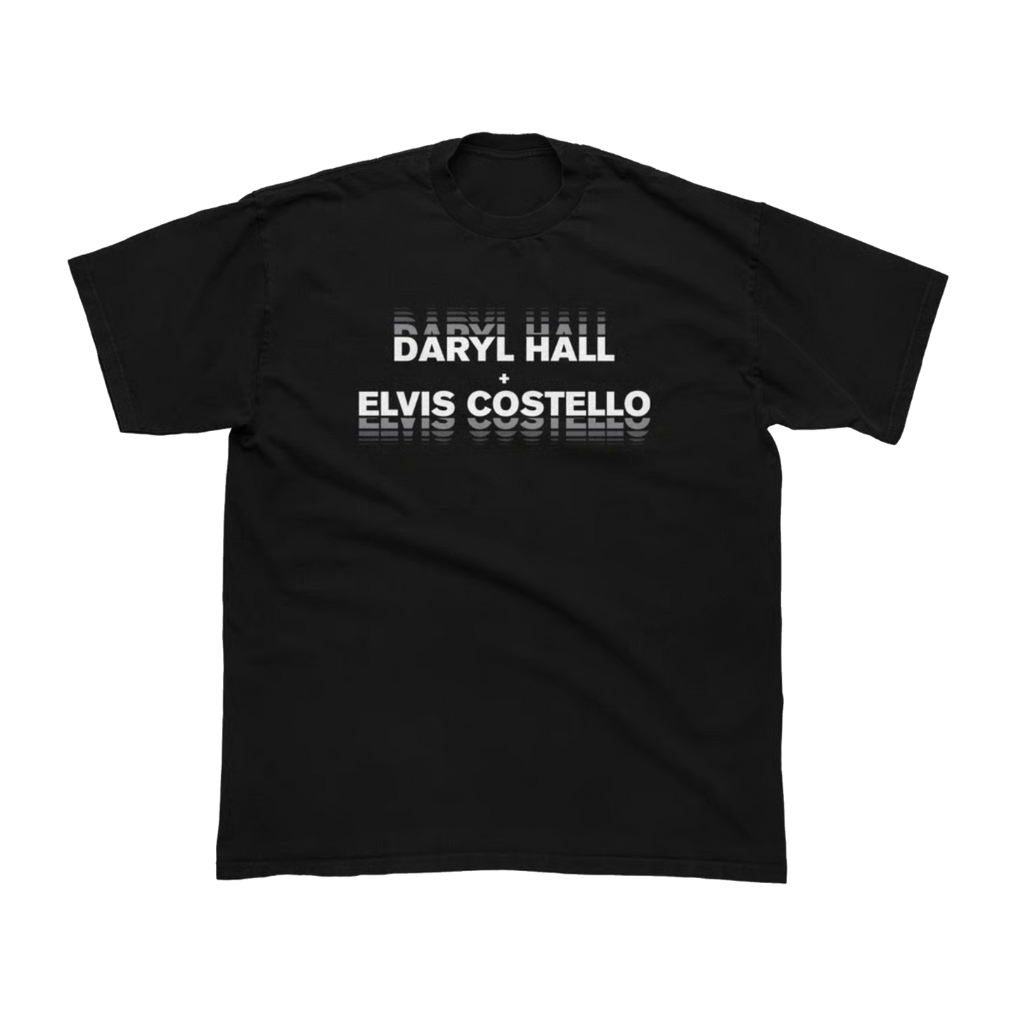 Black t-shirt with 'Daryl Hall & Elvis Costello' text on a white background