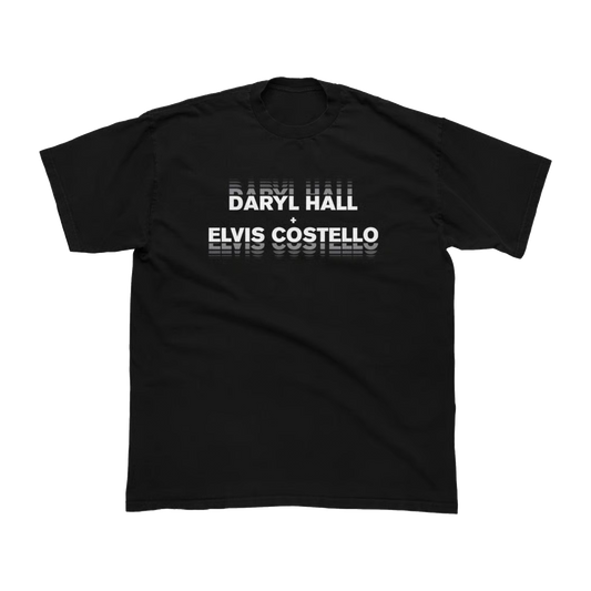 Black t-shirt with 'Daryl Hall & Elvis Costello' text on a white background